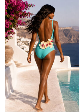 Keosme Turquoise Orchid Appliqué Open Back One Piece Swimsuit NWT Small Luxury